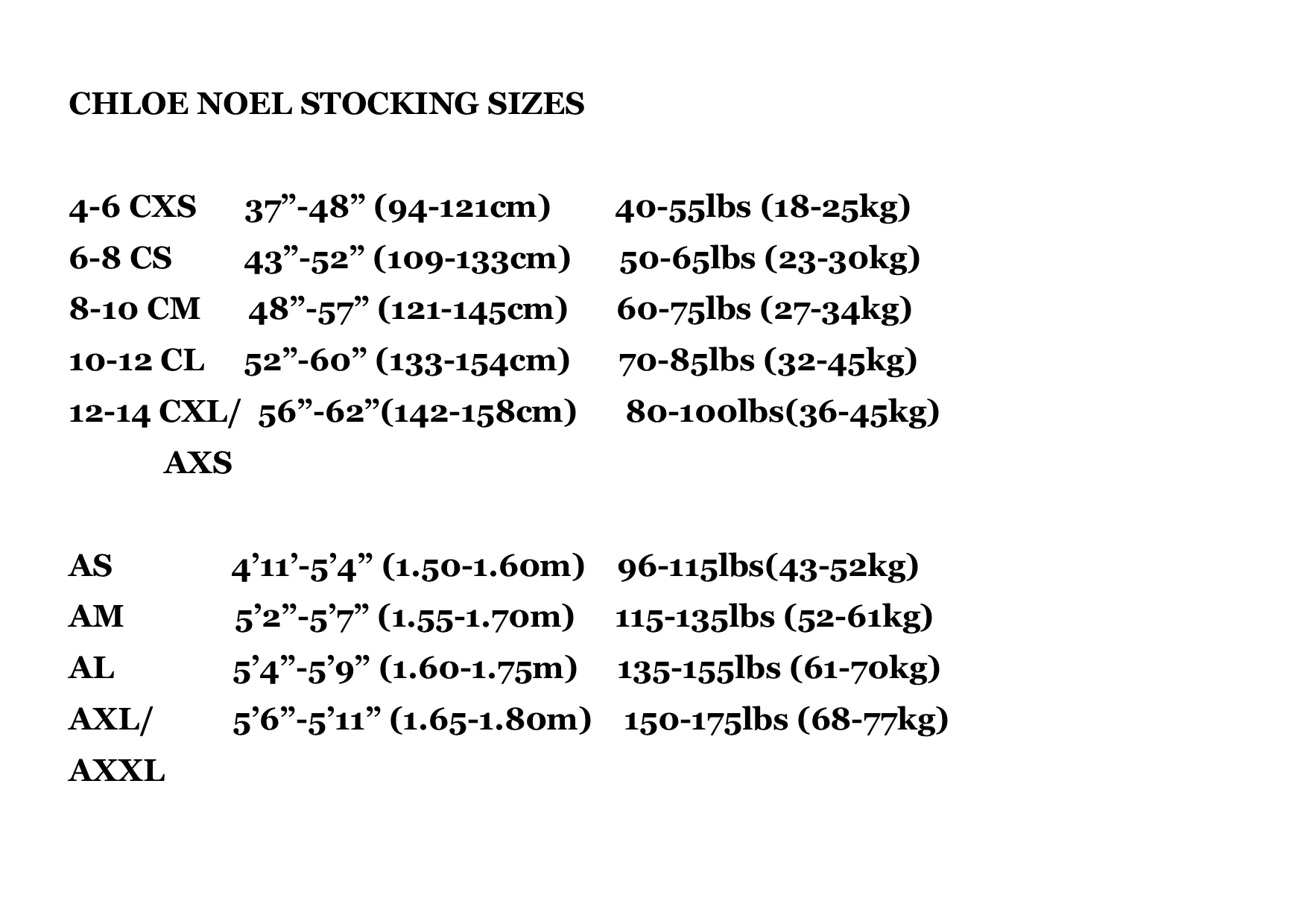 Chloe Noel Size Chart